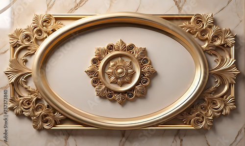 background, model of ceiling and wall decoration with 3d wallpaper. decorative frame on a luxurious background of beige gold marble and mandala.