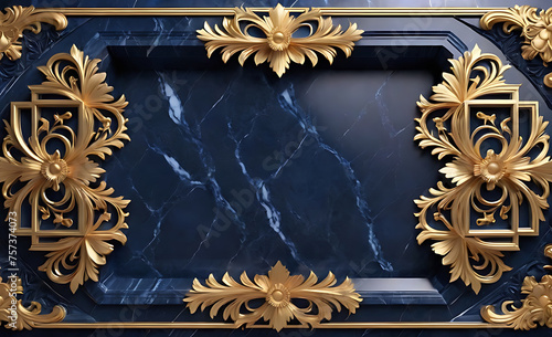 background, model of ceiling and wall decoration with 3d wallpaper. decorative frame on a luxurious background of gold and blue marble and mandala