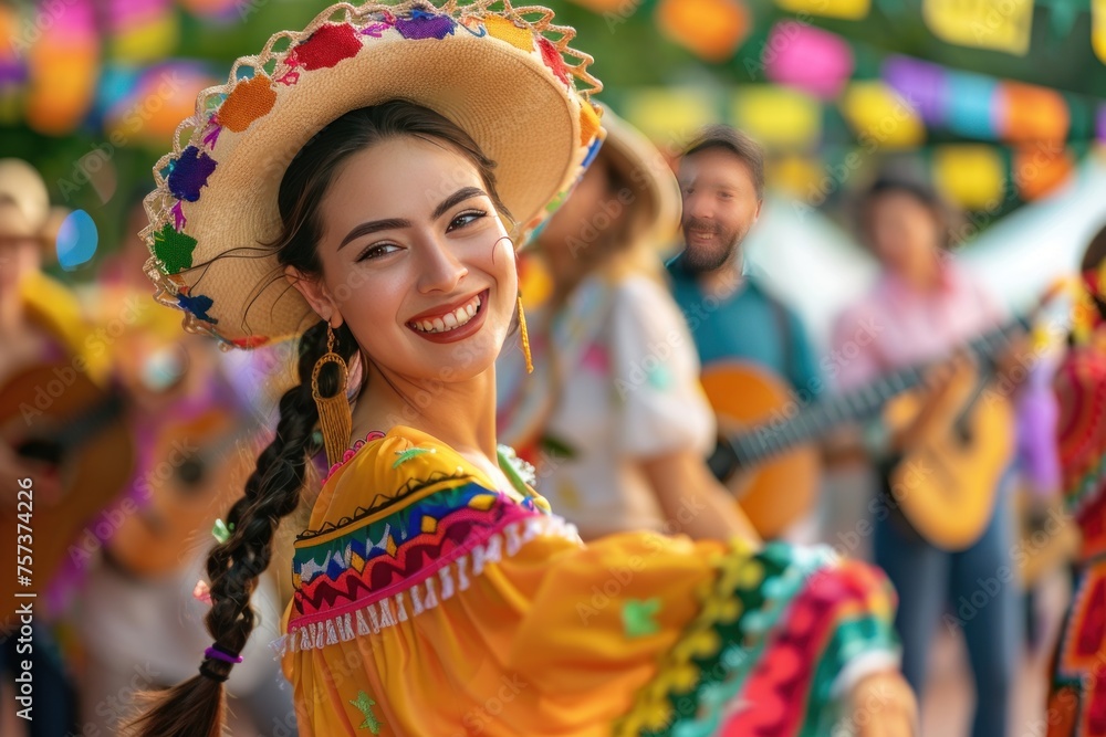 A woman wearing a sombrero and a colorful dress is smiling and posing for a picture. People having fun and dancing at a Cinco de Mayo celebration