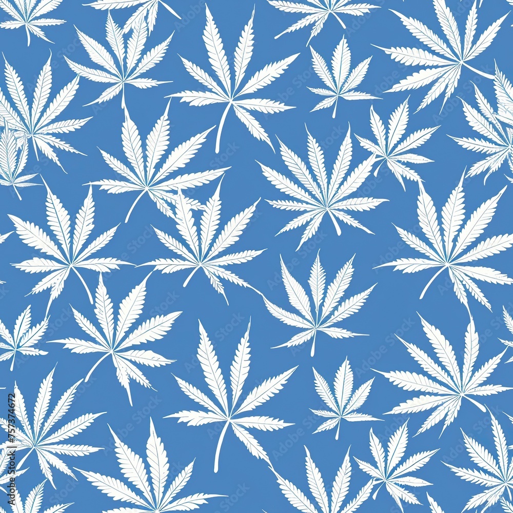 vintage seamless pattern with white cannabis marijuana leaf on black background