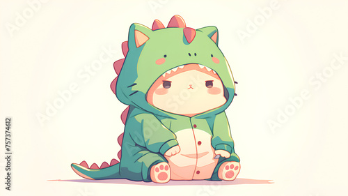 Fototapeta Naklejka Na Ścianę i Meble -  upset cat wearing a green dino costume anime onesie