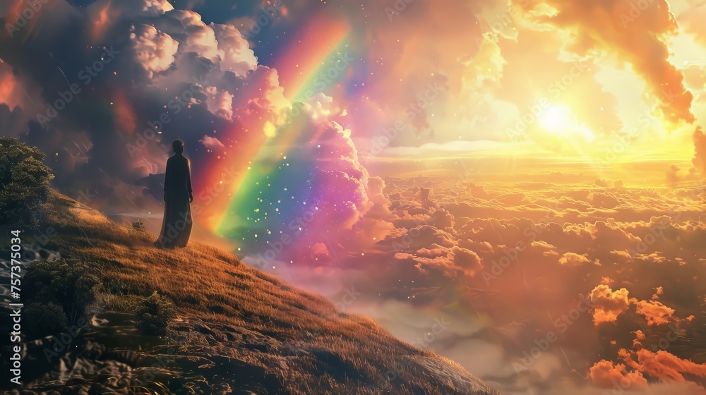 Contemplating the Cosmic Spectrum: A Lone Figure Amidst a Rainbow and Clouds