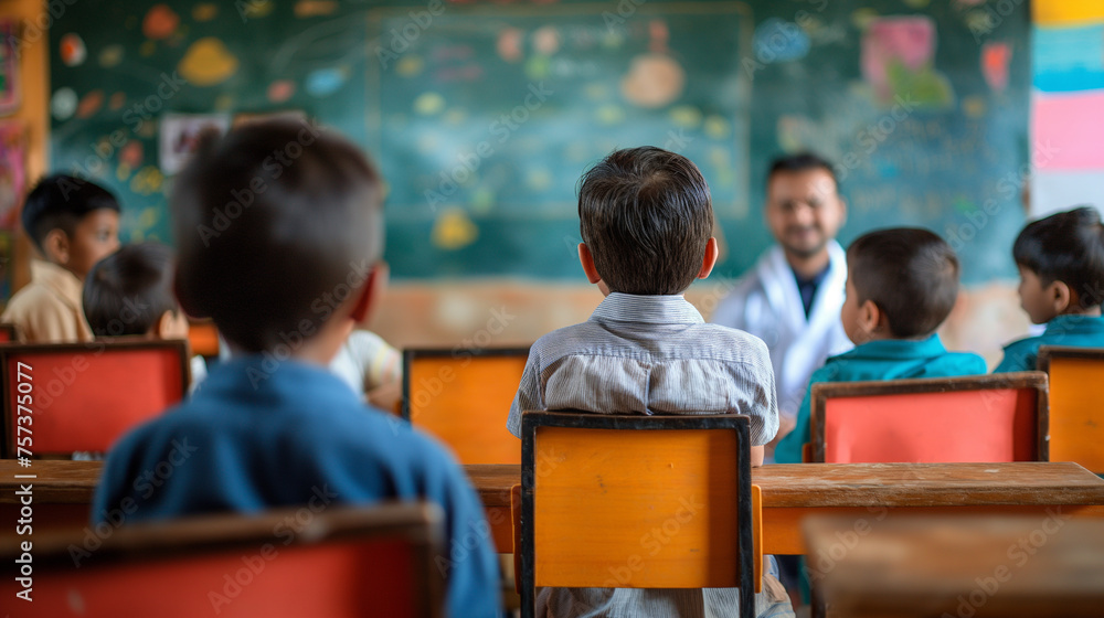 Children in a classroom learning about hygiene and health, emphasizing education, World Health Day, doctor, hospital, with copy space Children in a classroom learning about hygiene and health, emphasizing education, World Health Day, doctor, hospital, with copy space