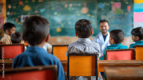 Children in a classroom learning about hygiene and health, emphasizing education, World Health Day, doctor, hospital, with copy space