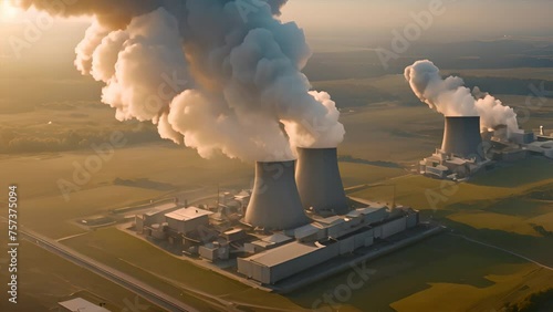 A nuclear power plant is depicted with smoke billowing from a high-angle photo