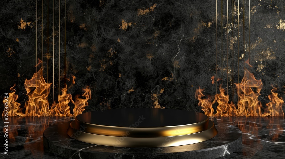 Obraz premium podium on black with fire background for product presentation