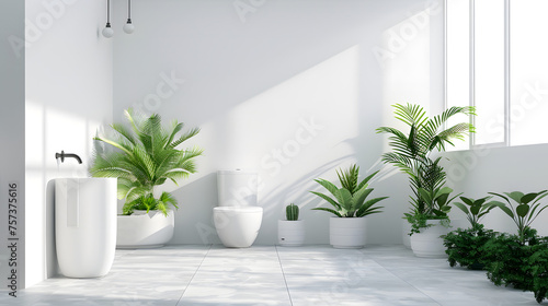 Pristine and inviting bathroom space that is enhanced with an array of tropical greenery for a natural feel