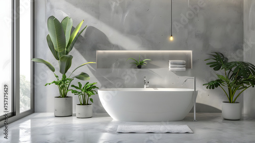 The symmetrical design highlights the elegant freestanding tub surrounded by greenery, illuminated by a large window