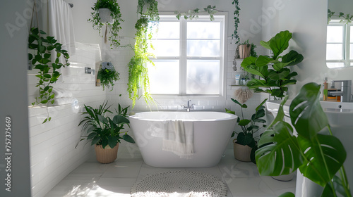 Spacious bathroom fully equipped with a tub and adorned with various houseplants  bringing a touch of nature indoors