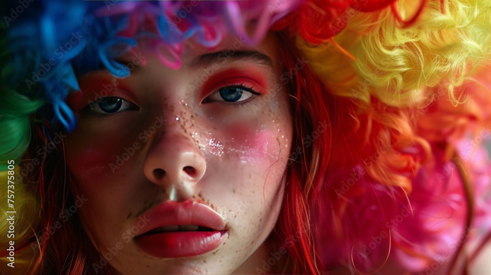 Vibrant Portrait of a Young Woman with Colorful Wig and Glitter Makeup