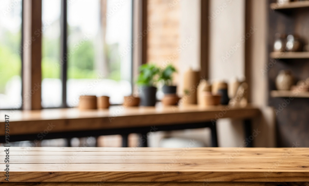 Empty wooden table for product display with blurry window background Empty wooden table for product display with blurry window background