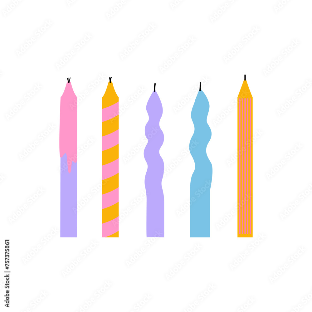 Set of birthday candles in trendy style. Vector flat illustration Set of birthday candles in trendy style. Vector flat illustration