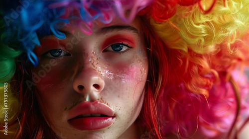 Vibrant Portrait of a Young Woman with Colorful Wig and Glitter Makeup