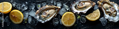 Fresh oysters platter with sauce and lemon.
