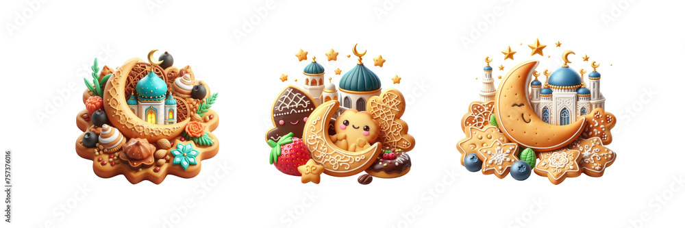 Set of Ramadan cookie, illustration, isolated over on transparent white background Set of Ramadan cookie, illustration, isolated over on transparent white background