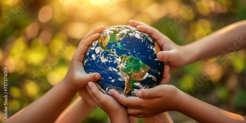Several individuals holding the planet Earth in their hands, emphasizing global unity and responsibility.