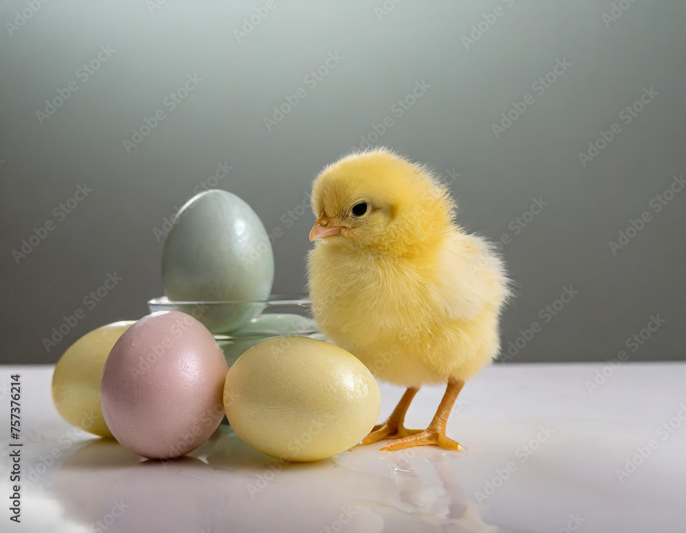 Easter. Yellow chick and pastel eggs on white table, studio, white background Easter. Yellow chick and pastel eggs on white table, studio, white background