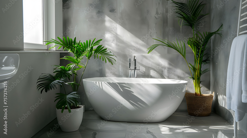 A spacious bathroom featuring a freestanding bathtub amidst a collection of potted tropical plants and natural light A spacious bathroom featuring a freestanding bathtub amidst a collection of potted tropical plants and natural light
