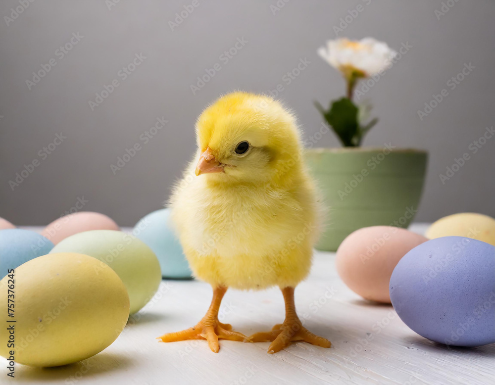 Easter. Yellow chick and pastel eggs on white table, studio, white background Easter. Yellow chick and pastel eggs on white table, studio, white background