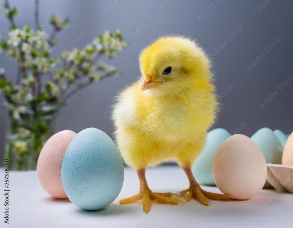 Easter. Yellow chick and pastel eggs on white table, studio, white background Easter. Yellow chick and pastel eggs on white table, studio, white background