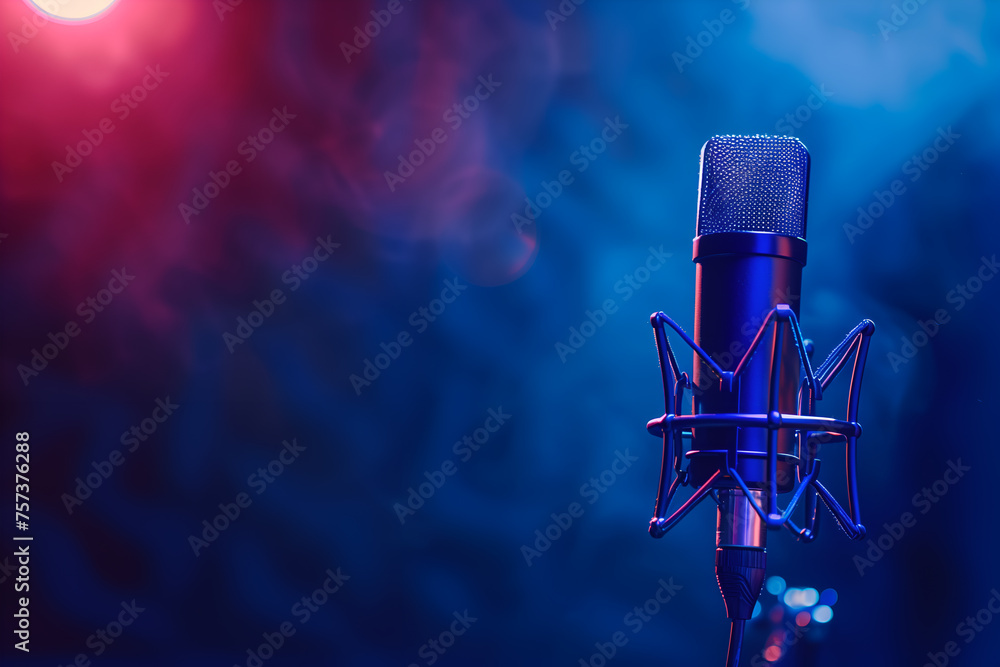 a professional microphone on the background in a dark blue sound recording studio with copy space for text - obrazy, fototapety, plakaty 