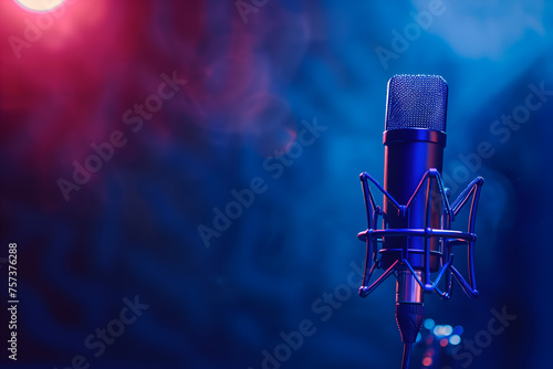 a professional microphone on the background in a dark blue sound recording studio with copy space for text © Ployker