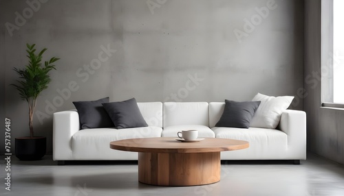 Round wood coffee table near grey corner sofa in room with concrete wall. Minimalist  loft home interior design of modern living room.