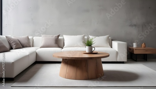 Round wood coffee table near grey corner sofa in room with concrete wall. Minimalist  loft home interior design of modern living room.