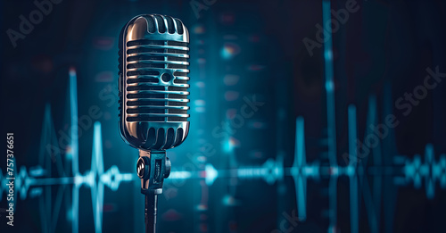 A vintage microphone with sound waves on dark blue background for podcast or radio banner design