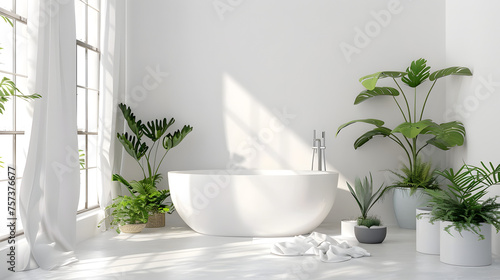 A chic modern bathroom featuring a freestanding bathtub surrounded by lush green plants and sunlight streaming through the window © Reiskuchen