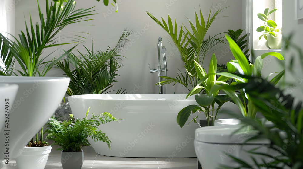 A close-up view of a minimalist white bathtub edged with vibrant green plants, casting soft natural shadows in the daylight A close-up view of a minimalist white bathtub edged with vibrant green plants, casting soft natural shadows in the daylight