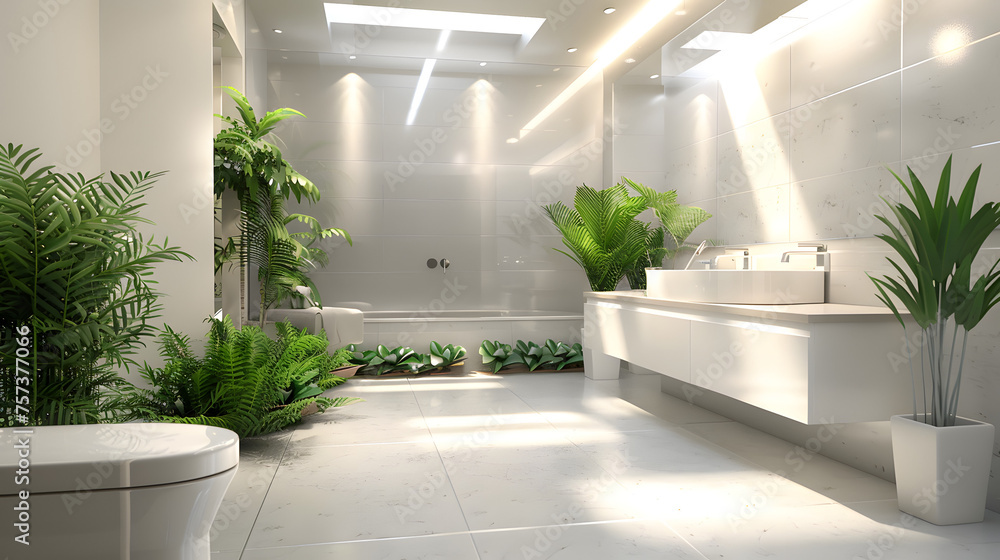 An expansive modern bathroom illuminated by ceiling lights, featuring ample green plants enhancing the fresh and clean aesthetic An expansive modern bathroom illuminated by ceiling lights, featuring ample green plants enhancing the fresh and clean aesthetic