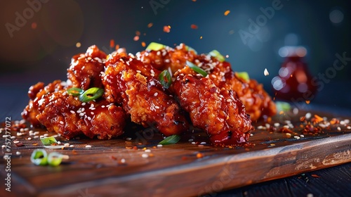 Gastronomic picture of a 2 michelin star's spicy korean fried chicken tenders with a lot of CHILI SAUCE and crumbles on a woodtable
