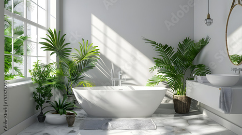 A spacious bathroom bathed in natural light  featuring a central bathtub and an assortment of lush green plants
