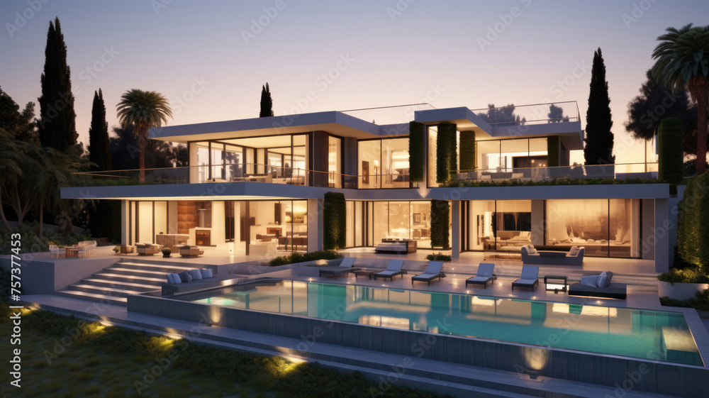 The concept of a modern high-tech mansion with swimming pool.