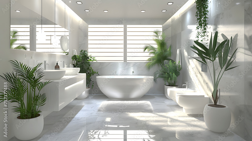 An expansive modern bathroom featuring marble details, lush plants, and sunlight reflecting off the white surfaces