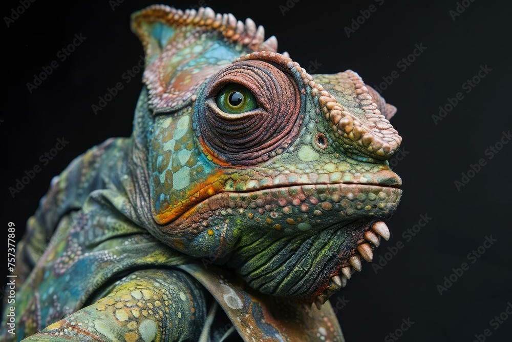Obraz premium Anthropomorphic chameleon suit. Reptilia animal. Generate Ai