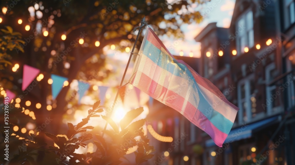 Transgender Pride Flag Fluttering in the Warm Glow of a Sunset Transgender Pride Flag Fluttering in the Warm Glow of a Sunset