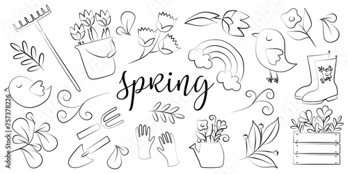 Big Linear Spring Set. Black and white collection of Design Elements for Gardening. Vector outline Illustration with Bird, flowers, Tools. Line art Coloring page, Contour Drawing for Card, Poster.