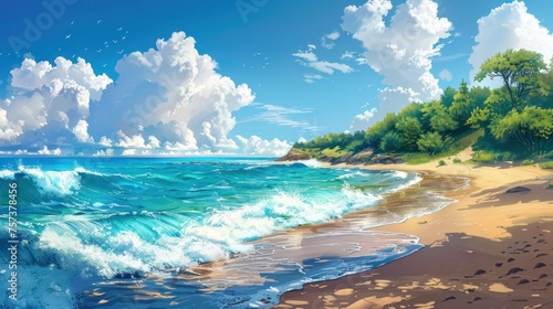 Illustration Showcasing Blissful Sea Shore Wallpaper © novian