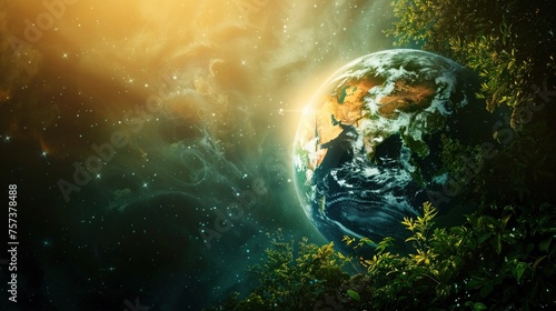 Illustration of a planet thriving with green technology and innovation