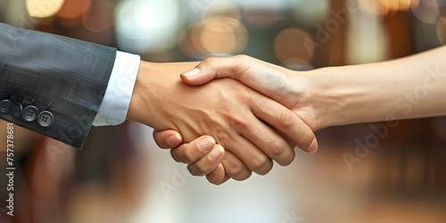 Two people shaking hands in a business setting. The man is wearing a suit and tie. The woman is wearing a dress