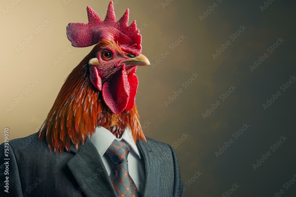 Anthropomorphic rooster in business suit. Chicken farm. Generate Ai
