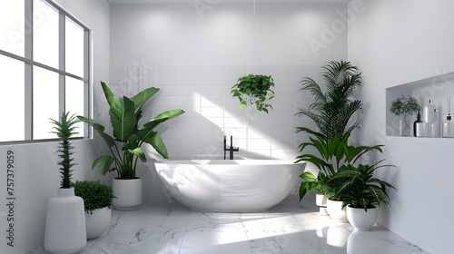An airy  white bathroom bathed in natural sunlight  surrounded by rich green plants  embodies relaxation and purity