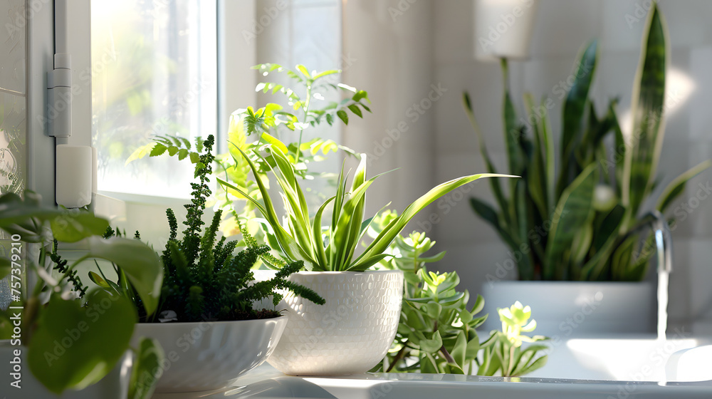 Lush indoor greenery receives ample sunlight through a window, giving a sense of freshness and natural beauty Lush indoor greenery receives ample sunlight through a window, giving a sense of freshness and natural beauty