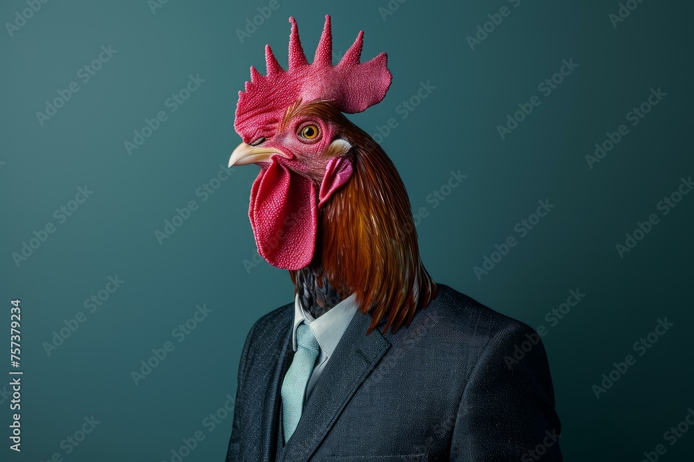 Anthropomorphic rooster in suit cock. Chicken farming. Generate Ai