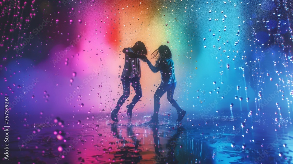Silhouettes of Two People Dancing in Colorful Rain