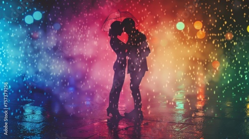 Romantic Silhouette of Couple Kissing in the Rain at Night