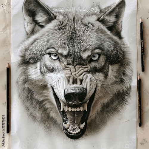 a black and white drawing of a wolf s head with its mouth open