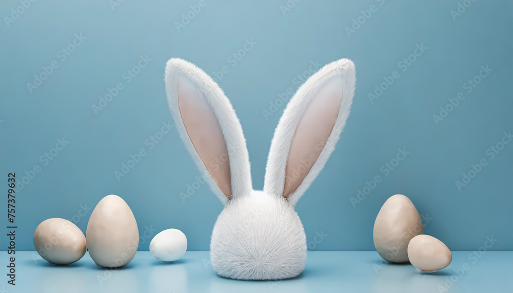 White rabbit ear on pastel blue background. Easter day. 3d rendering White rabbit ear on pastel blue background. Easter day. 3d rendering